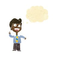 cartoon school boy raising hand with thought bubble
