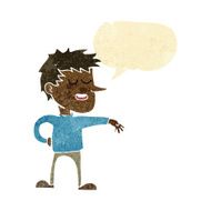 cartoon man making dismissive gesture with thought bubble