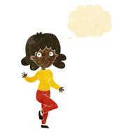 cartoon friendly woman waving with thought bubble N4