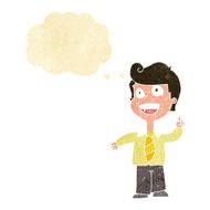 cartoon school boy raising hand with thought bubble N2