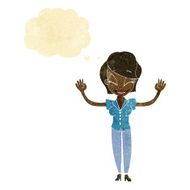cartoon pretty woman with hands in air thought bubble