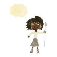 cartoon woman with spear thought bubble