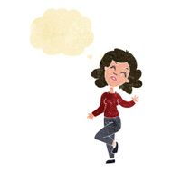 cartoon happy woman dancing with thought bubble N2