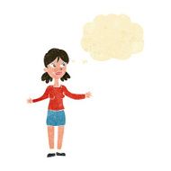 cartoon happy woman shrugging shoulders with thought bubble N2