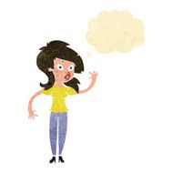 cartoon pretty woman waving with thought bubble N6