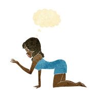 cartoon woman on all fours with thought bubble