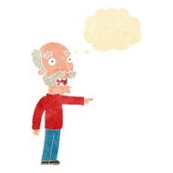 cartoon scared old man pointing with thought bubble N2