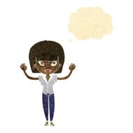 cartoon woman with raised hands thought bubble