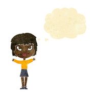 cartoon woman waving arms with thought bubble