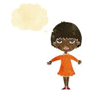 cartoon woman in dress with thought bubble