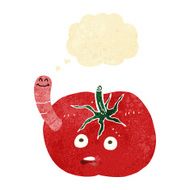cartoon tomato with worm thought bubble