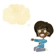 cartoon shocked woman on knees with thought bubble