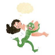 cartoon swamp monster carrying girl in bikini with thought bubbl N2