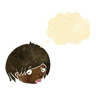 cartoon female face with raised eyebrow thought bubble