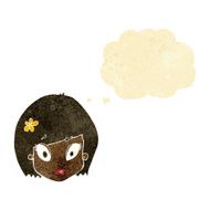 cartoon happy female face with thought bubble
