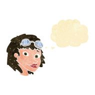 cartoon happy woman wearing aviator goggles with thought bubble N2