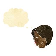 cartoon woman raising eyebrow with thought bubble