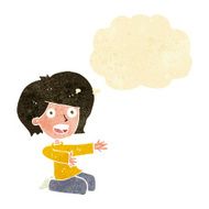 cartoon shocked woman on knees with thought bubble N2