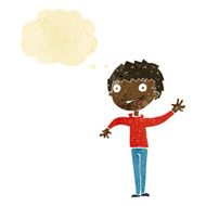 cartoon happy boy waving with thought bubble