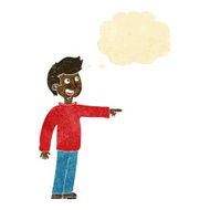 cartoon happy man pointing and laughing with thought bubble