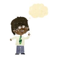 cartoon school boy with idea thought bubble