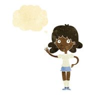 cartoon woman waving with thought bubble N23