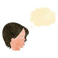 cartoon woman raising eyebrow with thought bubble N2