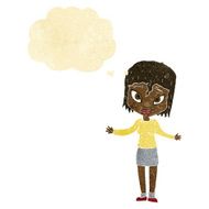 cartoon woman shrugging shoulders with thought bubble N23
