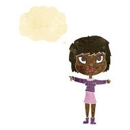 cartoon woman pointing with thought bubble N11