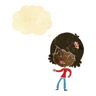 cartoon happy woman pointing with thought bubble