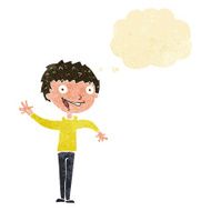 cartoon happy boy waving with thought bubble N2