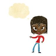 cartoon relaxed woman pointing with thought bubble