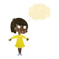 cartoon woman wearing dress with thought bubble