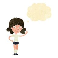 cartoon woman waving with thought bubble N25