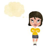 cartoon woman gesturing at self with thought bubble N2