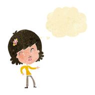 cartoon happy woman pointing with thought bubble N2