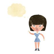 cartoon woman waving with thought bubble N26
