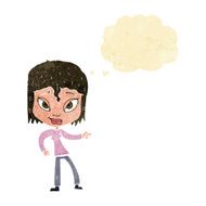 cartoon relaxed woman pointing with thought bubble N2