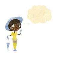 cartoon woman in summer hat waving with thought bubble