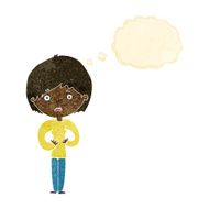 cartoon woman making Who Me? gesture with thought bubble