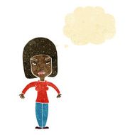 cartoon woman shrugging shoulders with thought bubble N25