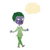 cartoon halloween zombie woman with thought bubble