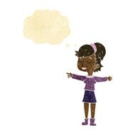 cartoon happy woman pointing with thought bubble N3