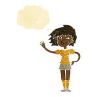 cartoon woman waving with thought bubble N28
