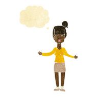 cartoon woman shrugging shoulders with thought bubble N27