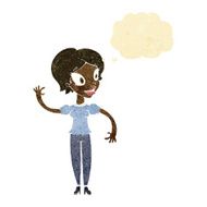 cartoon woman waving with thought bubble N29
