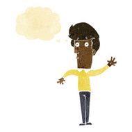 cartoon nervous man waving with thought bubble