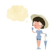 cartoon woman in summer hat waving with thought bubble N2