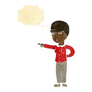 cartoon woman pointing finger of blame with thought bubble