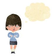 cartoon woman making Who Me? gesture with thought bubble N2